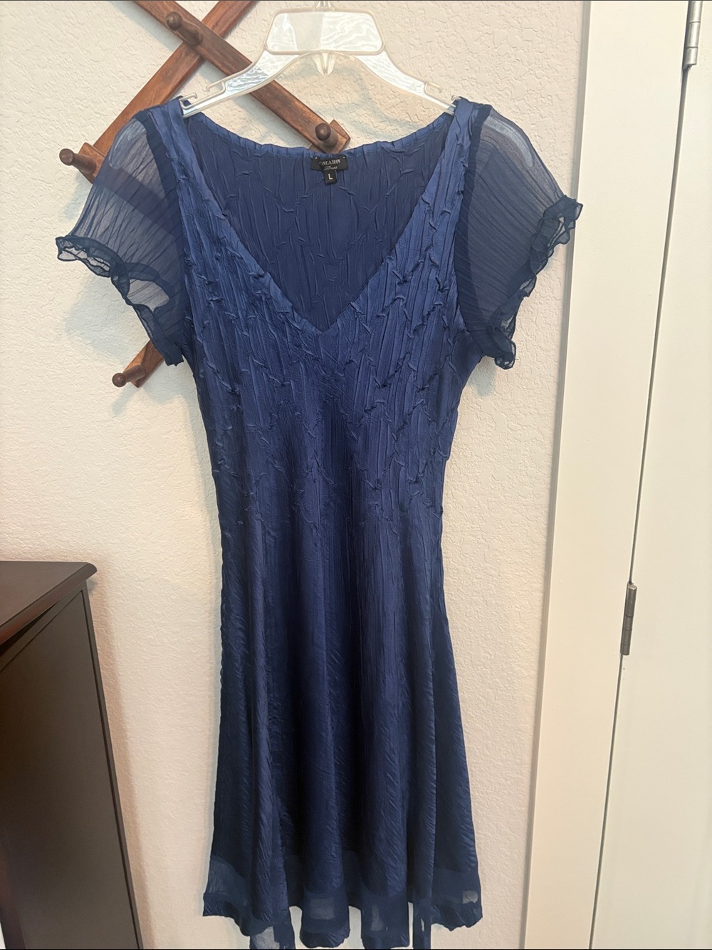 Komarov Navy Blue V-Neck Midi Dress with Sheer Sleeves